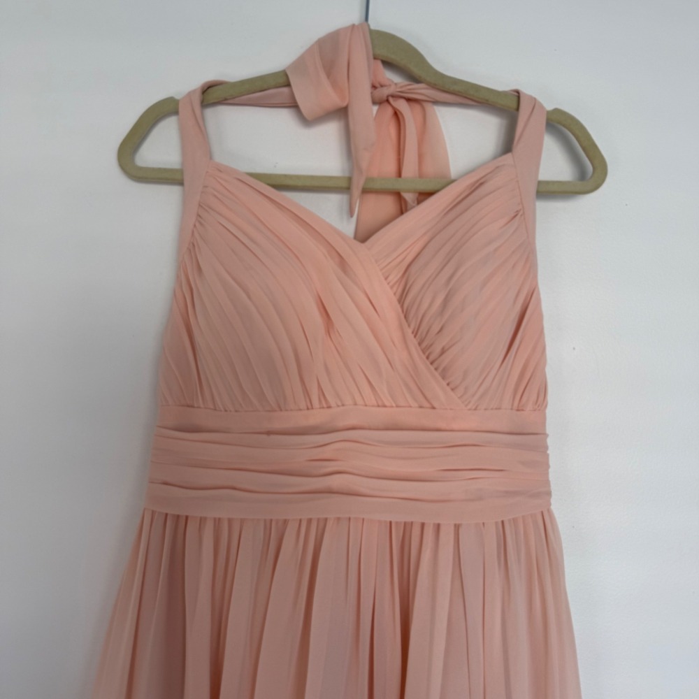 Azazie‎ Summer Bridesmade Peach Halter Tie Maxi Chiffon Dress A14 Leg Slit Flowy
